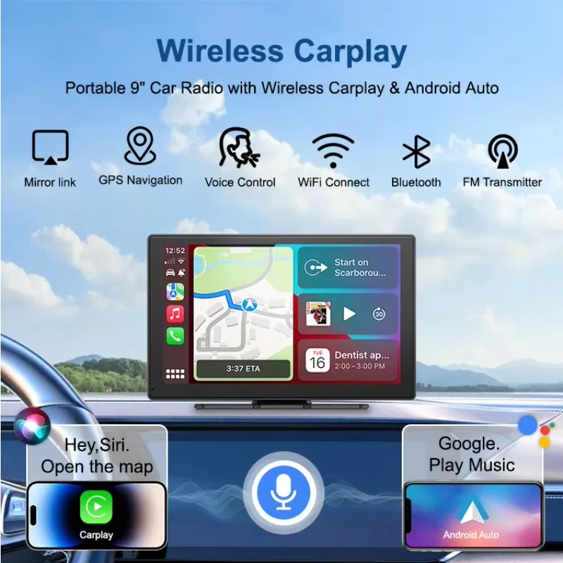 9 Inch Carplay Smart Screen Display Wireless Carplay Android Auto Car Stereo Dashboard Media Player AUX Audio 256G Micro SD Card view 2
