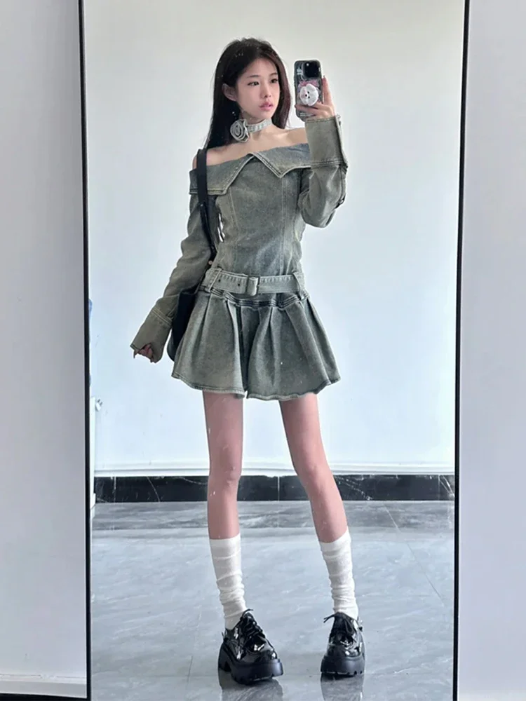 

Spring Sexy Slash Neck Chicly Washed Denim Simple Women Dresses American Vintage Classic Long Sleeves Fashion Female Mini Dress