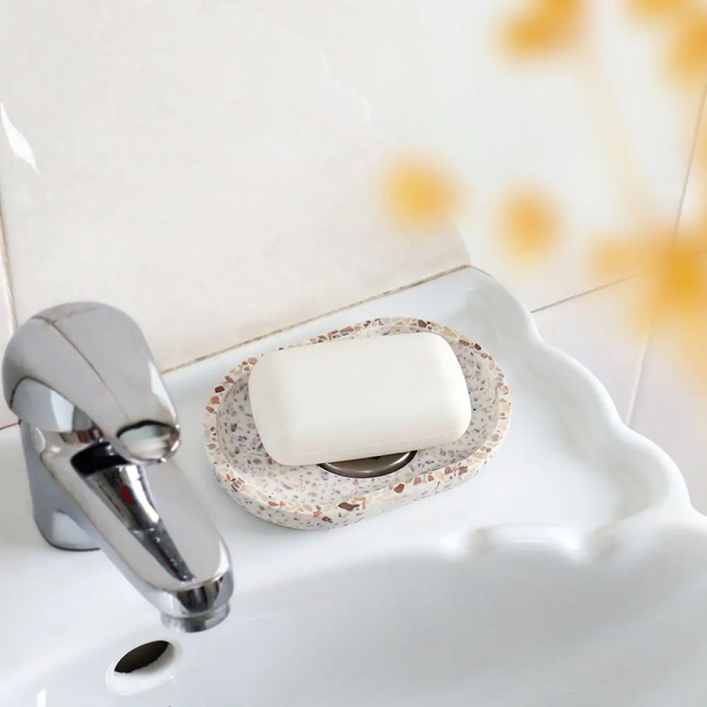 Sturdy Terrazzo Soap Dish Modern Oval Soap Holder Draining Soap Tray For Bathroom Sink Kitchen Counter Organizer