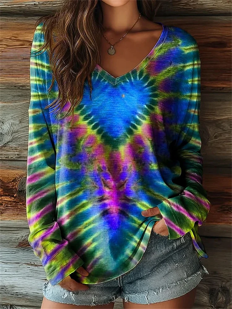 Women's New Autumn Fashion V-Neck Long-Sleeve Heart-Pattern Tie-Dye T-Shirt Bohemian Vintage Style Casual Streetwear Top