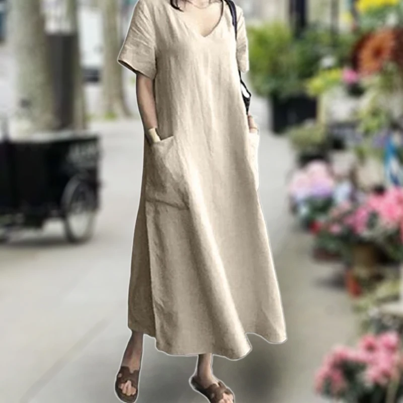 

Women's Basic Linen Loose V-neck Slimming Big Pocket Short-sleeved Solid Color Dress Are All Fashionable Casual Robes