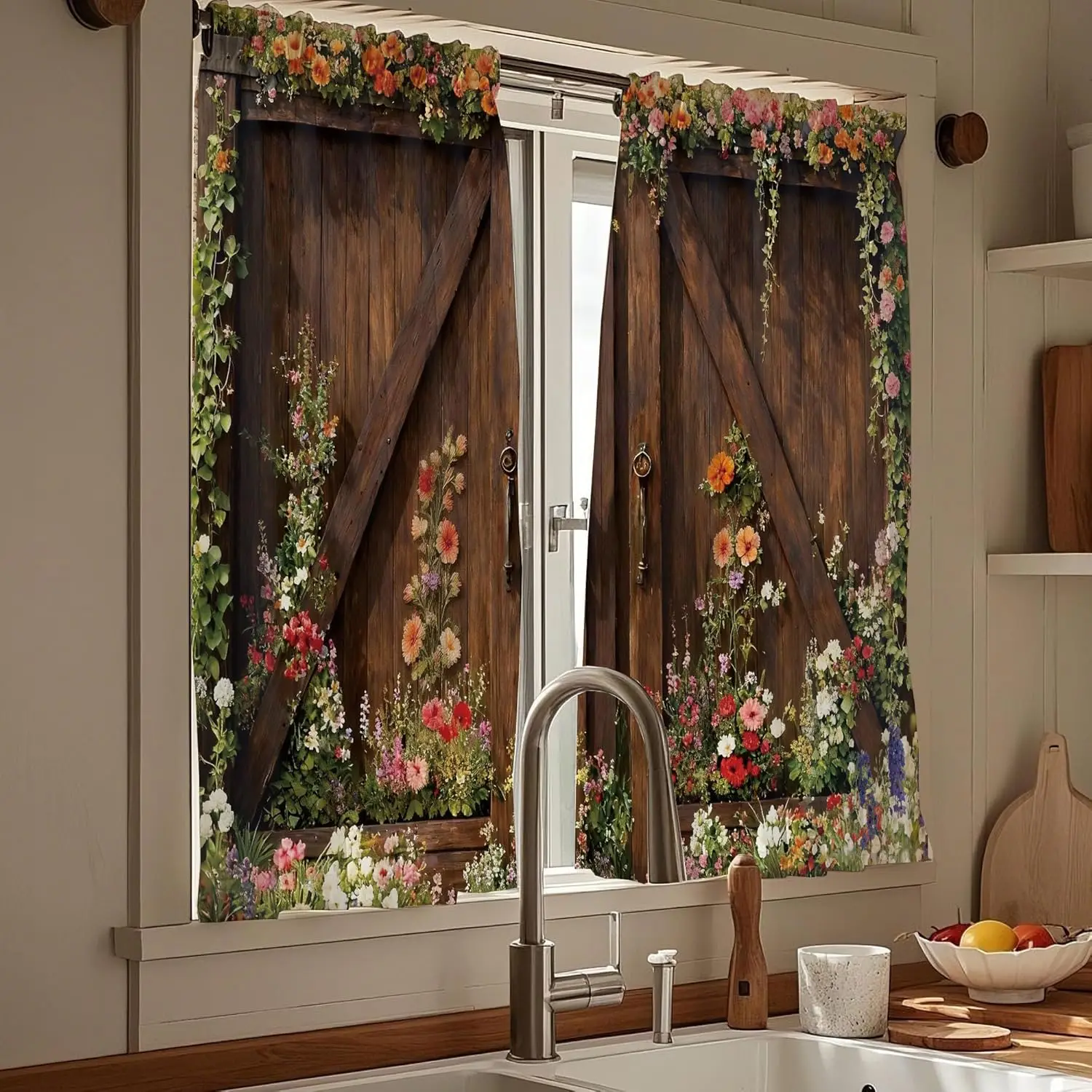 Large Pair Floral Garden Barn Door Curtain 2pcs Rustic Vintage Cottagecore Window Treatment Decorative Drapes