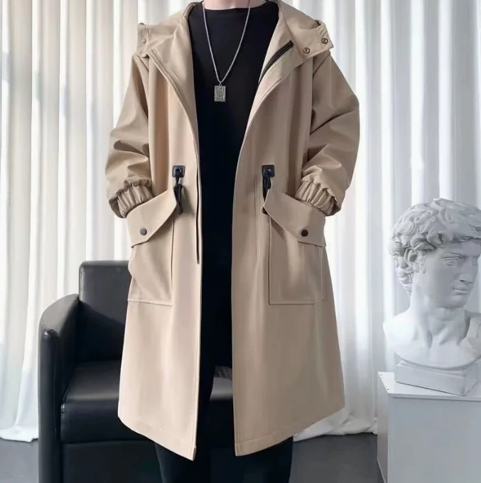 2023 Men\'s Windbreaker Jacket Long Trench Oversize Loose Streetwear Hooded Vintage Black Coats High Street Casual Male Outerwear