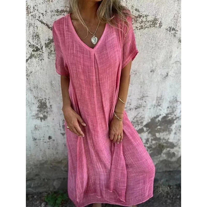 2024New Independent Station Casual Spring and Summer Loose Dress Short SleeveVCollar Solid Color Cotton and Linen Dress