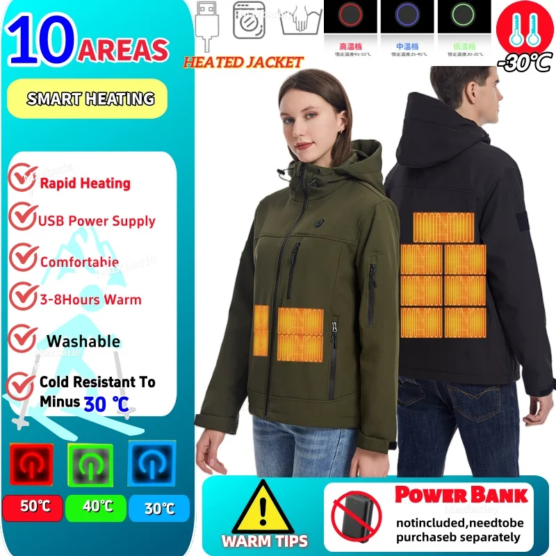 USB Heated Snow Windbreaker Men 2025 Winter Electric Heated Thermal Waterproof Jackets Women Hiking Ski Self Heating Parka Coat