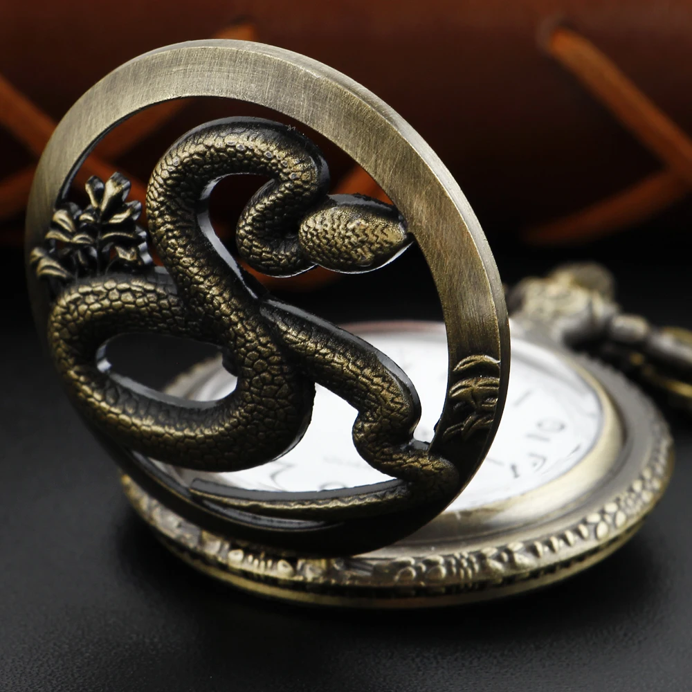 Steampunk Viper Embossed Quartz Pocket Watch Bronze Vintage Necklace Bracelet Pendant Accessory Clock Men's Gift