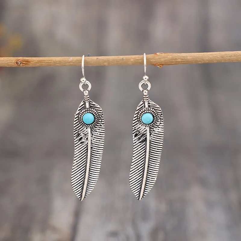 أقراط من سبائك الفيروز بتصميم بوهيمي عتيق مزينة بالريش، مجوهرات عصرية جديدة عبر الحدود لتزيين الأذن