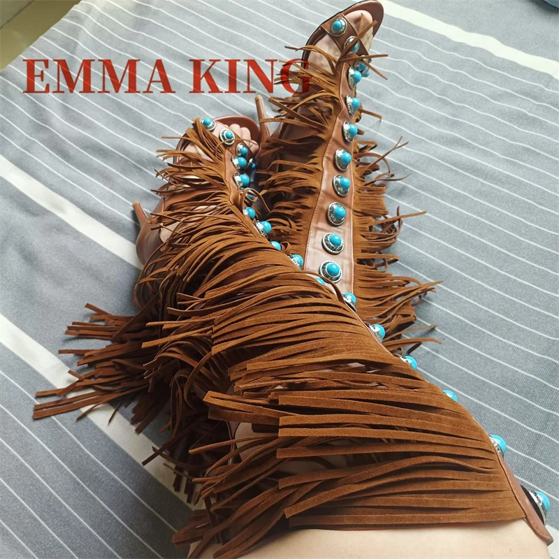 Sexy Blue Gemstone Knee-high Boots Open Toe Back Zipper Stiletto Heel Boot Fashion Catwalk Tassel Gladiator Sandals Women Summer