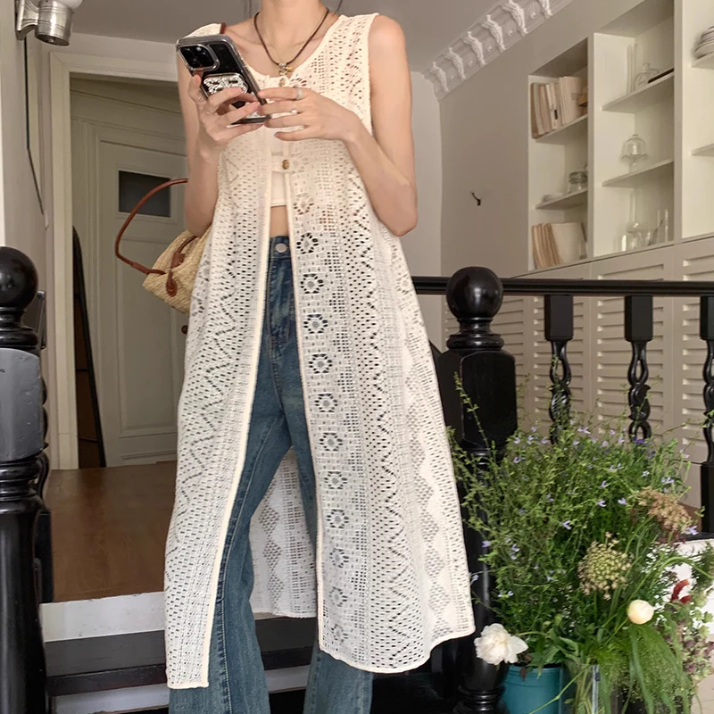 Abito resort senza maniche in pizzo 2025 Boho Abiti da Mujer Moda Estate Abito sottile Femmes Scava fuori Loose Vedi Abito trasparente