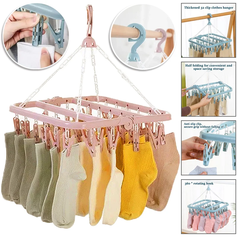

Multi-Functional Folding Hangers Windproof Socks Clip Drying Hangers Household Plastic Clothing Socks Drying Hanger with 32 Clip