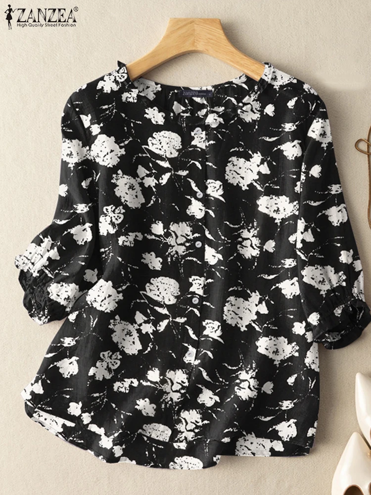 ZANZEA Elegant Floral Print Tunic Tops O Neck 3/4 Sleeve Flounce Trim Women Blusas Mujer Casual Autumn 2024 Vintage Blouses