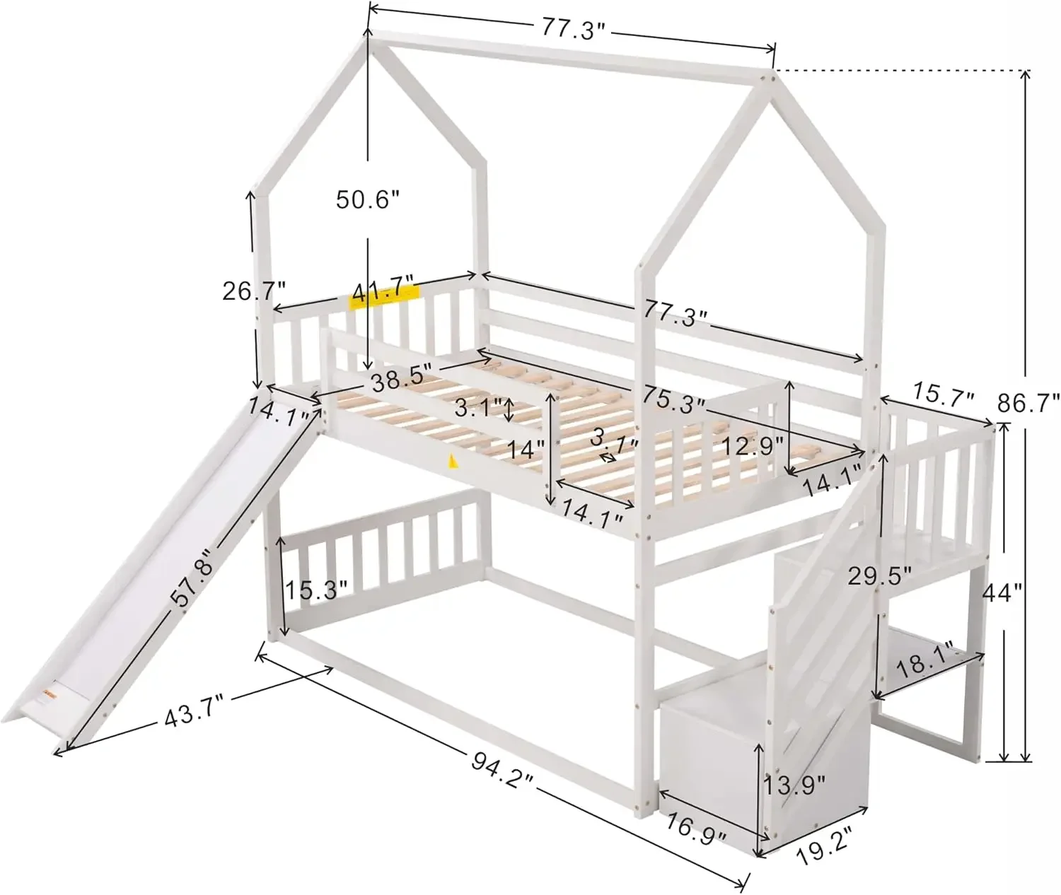 Twin Over Twin Bunk Bed With Slide And Stairs Low House Bunk Bed For Kids Teens, No Box Spring Needed