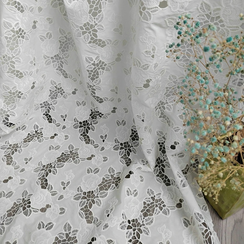 Off White Hollowed Out Embroidery Rose Flower Cotton Fabric Shirt Dress Fabric DIY Tablecloth Handmade Fabric Sewing Accessories