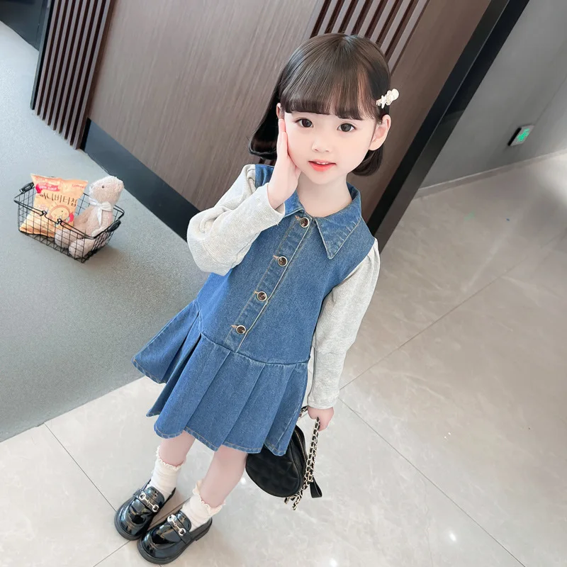 

Girls Spring Denim Dress2025New Baby Girl Spring Outfit Solid Color Casual Toddler Fashionable Long Sleeve Dress
