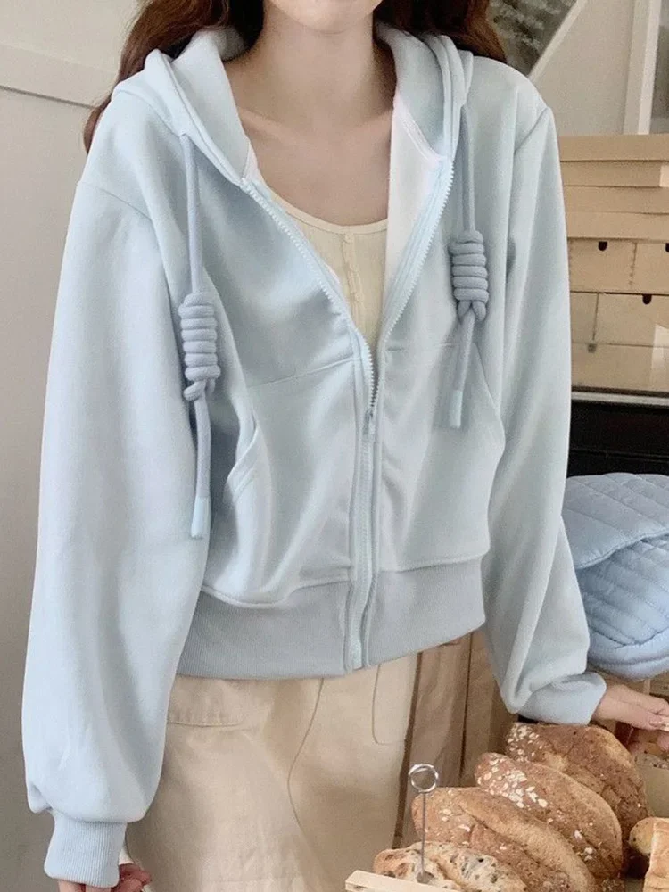 甘いプレッピースタイルブルーパーカー女性カジュアルかわいい長袖ショートスウェットシャツヴィンテージポケットレースアップ韓国アウタートップス新しい