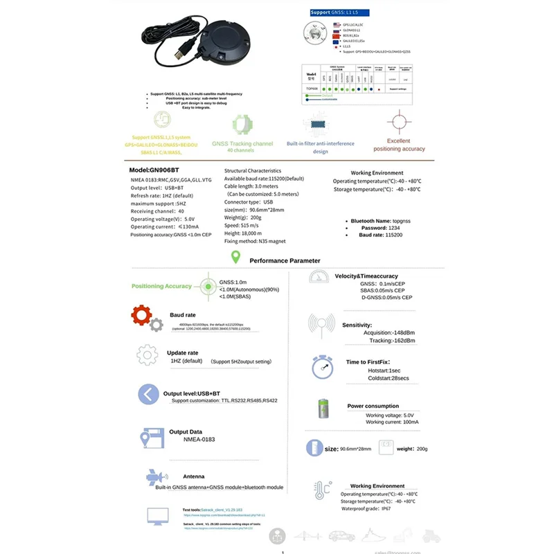 Imagem -05 - Módulo Receptor de Antena Agrícola Usb Gps Gnss Suporte Android Bluetooth Gnss Tamanho Pequeno 5v Baud Rate 115200 Gm906bt l1 l5