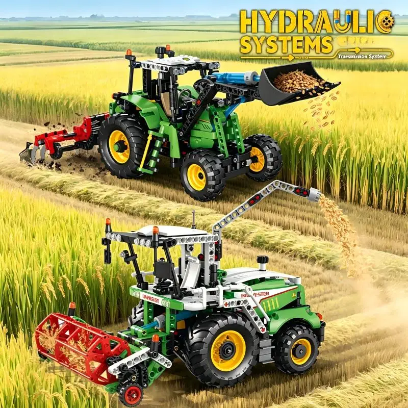 New Hydraulic Transmission Farm Loader &Harvester Building Blocks Set, Engineering Vehicle Model, Best Gift