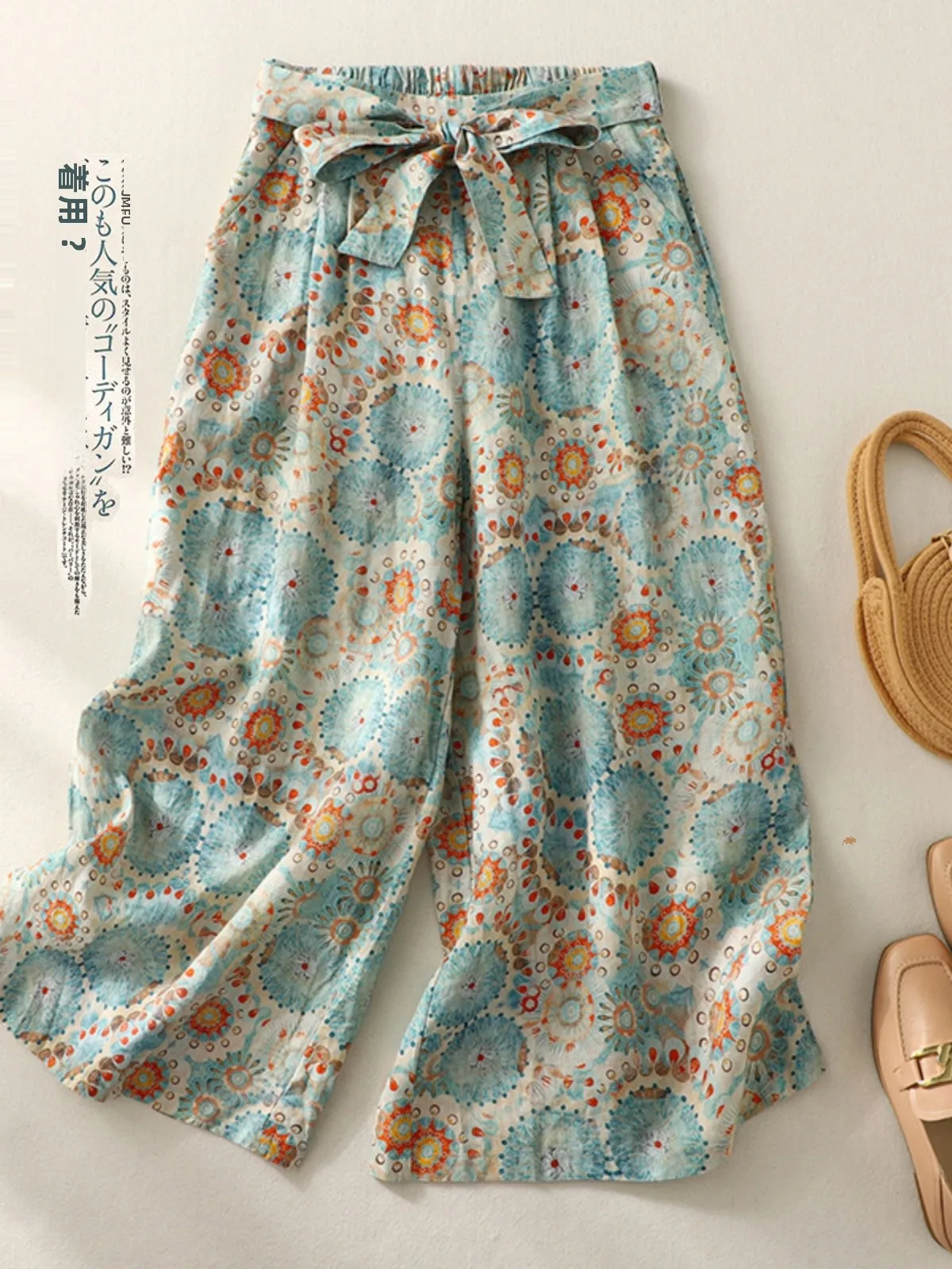 Retro Print Linen Wide Leg Pants Women Loose Nine Points Casual Cotton Linen Skirt Pants Outlet Polyester Fiber Thin Model Na...