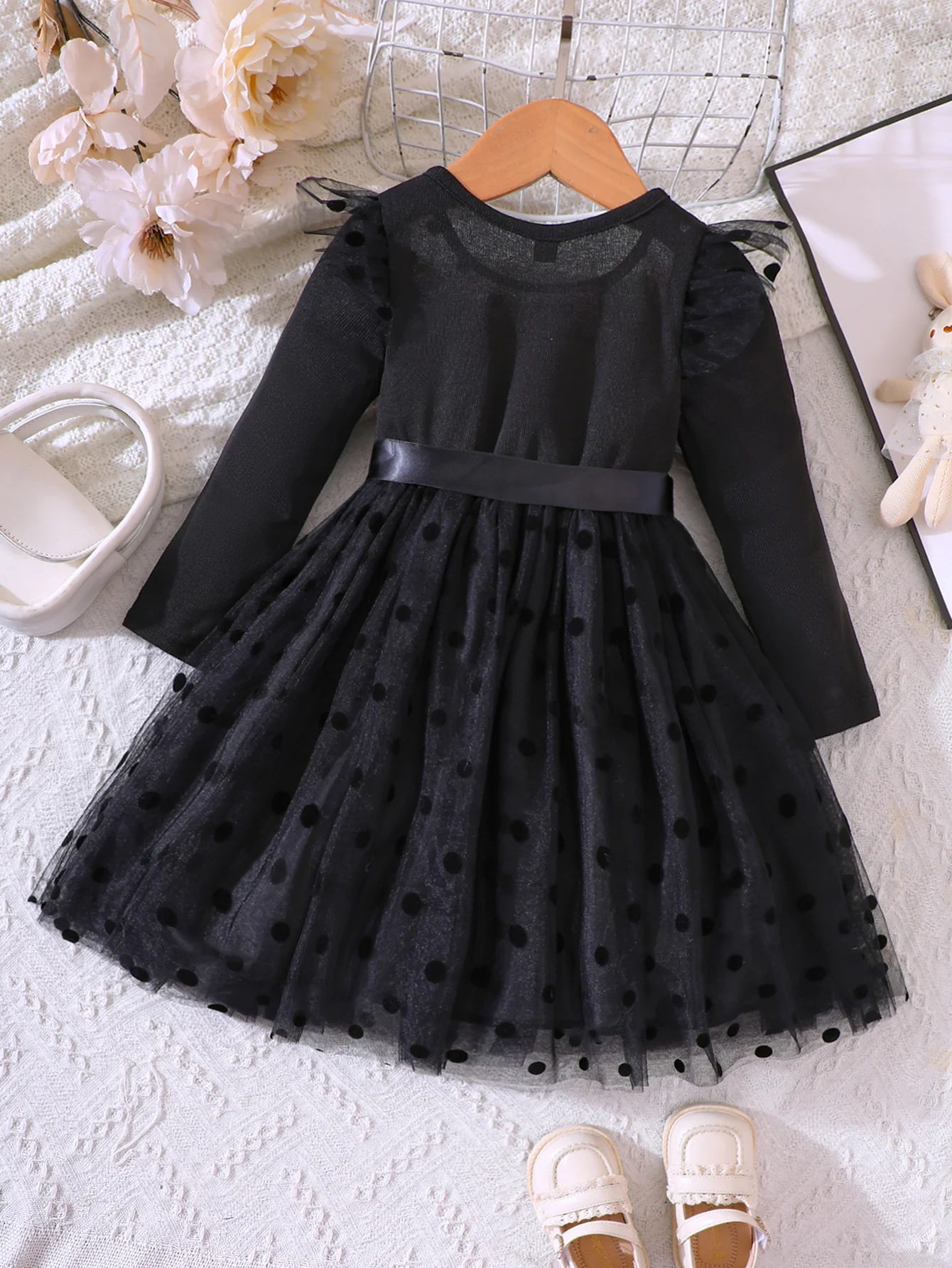 New Autumn And Winter Girl\'s Plush Mesh Polka Dot Dress For Primary And Secondary School Children