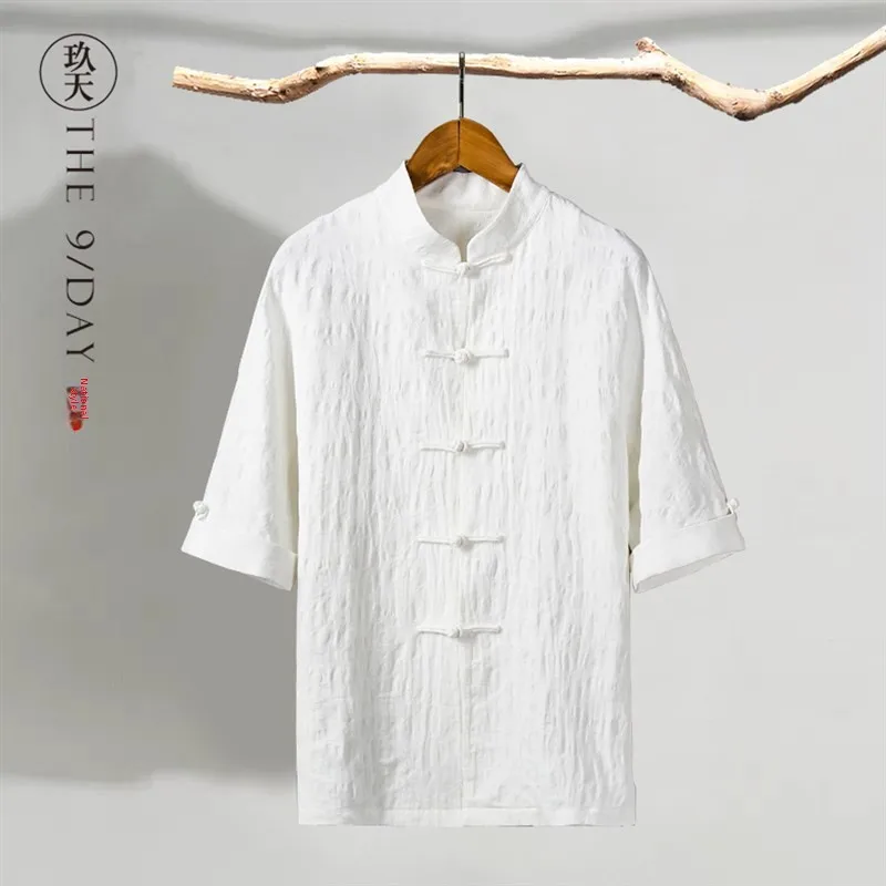 

Men's Cotton Linen Tang Suit irt Vintage Chinese Sle ort Sve Mid-Century Modern Casual Top Youth Pure Color Summer Wear