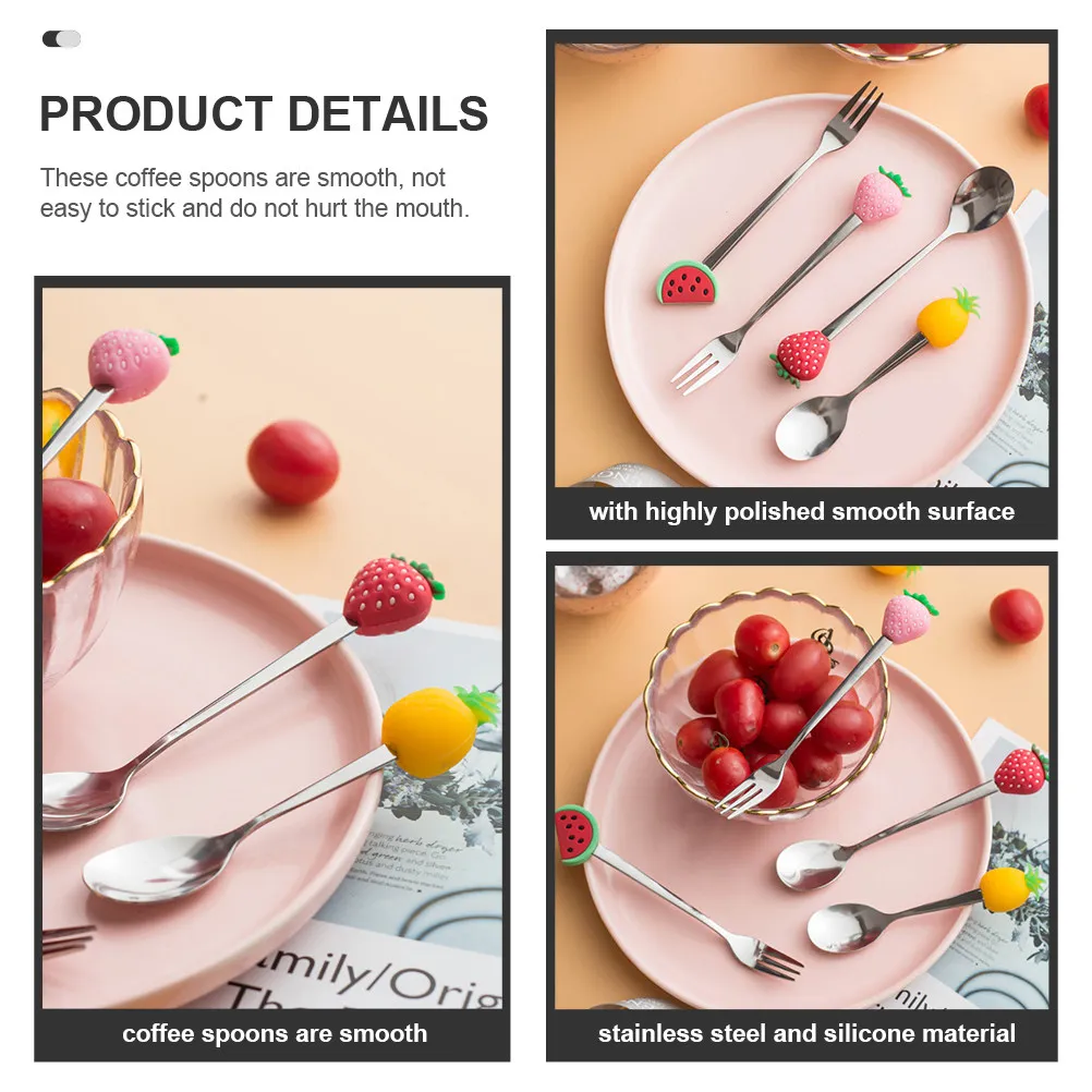 

4Pcs Highly Polished Fruit Shape Coffee Spoons Stainless Steel Silicone Stirring Spoons for Espresso Cocktails Iced Coffee