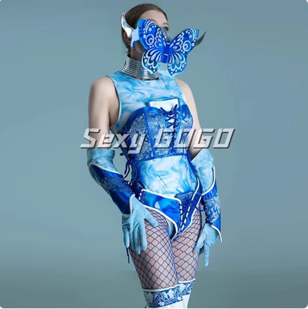 Gogo Dance Outfit Tie Dye Romper Vlindermasker Chinese stijl Zangeres Danser Prestaties Kostuum Drag Queen Kleding