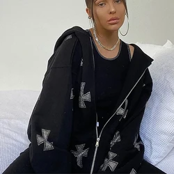 European and American loose top cross hot diamond hoodie women's high street Harajuku retro hip hop zipper Y2K hooded sweatshirt