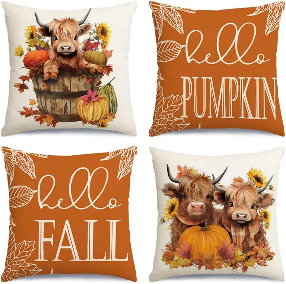 

Fall Pillow Covers Set of 4 Highland Cow Autumn Decor Farmhouse Throw Cushion Cases for Couch Outdoor Thanksgiving Pumpkin