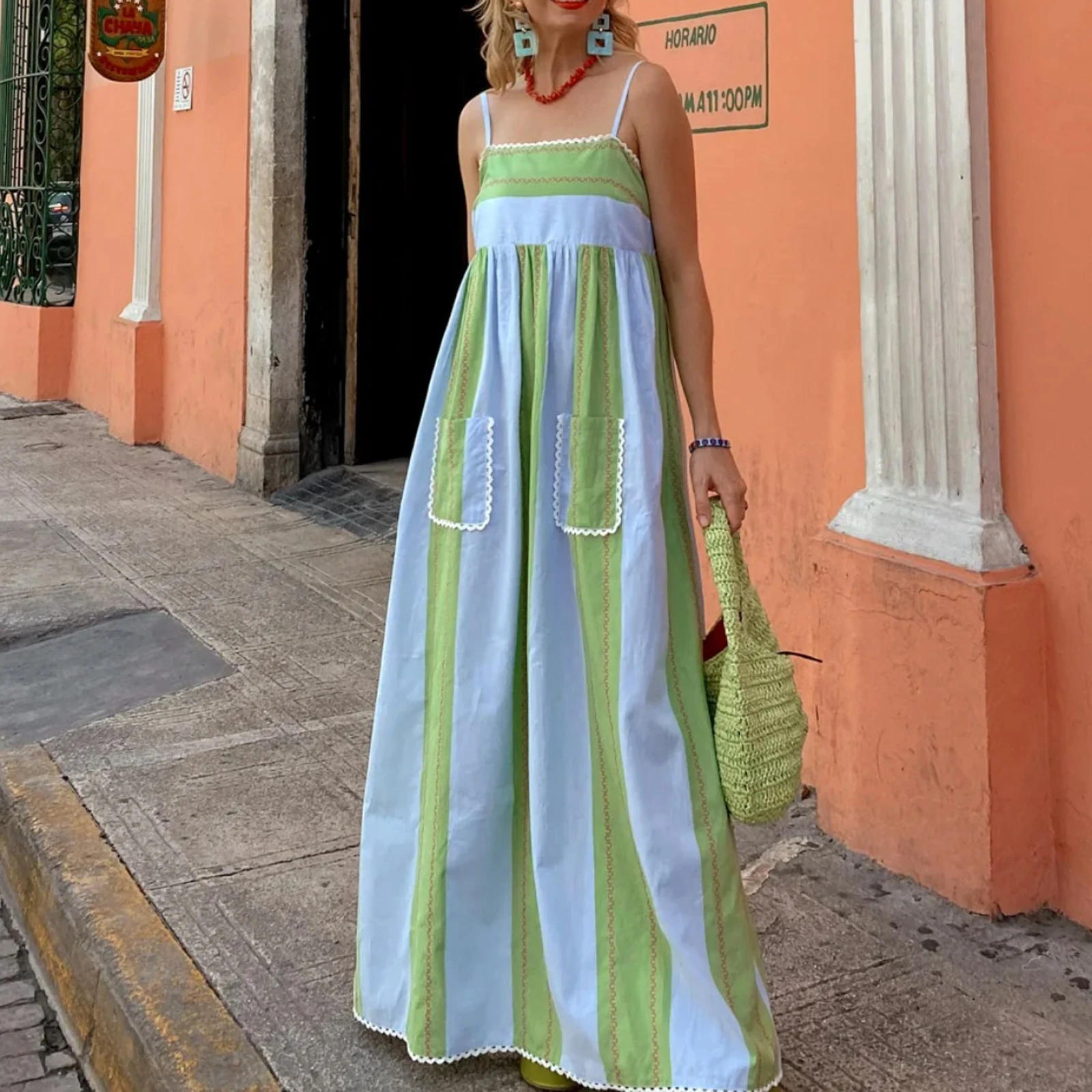 Women Sleeveless Ruffles Striped Print Maxi Dress Spaghetti Strap Loose Pocket Long Dress Boho Flowy Midi Sundress 2025
