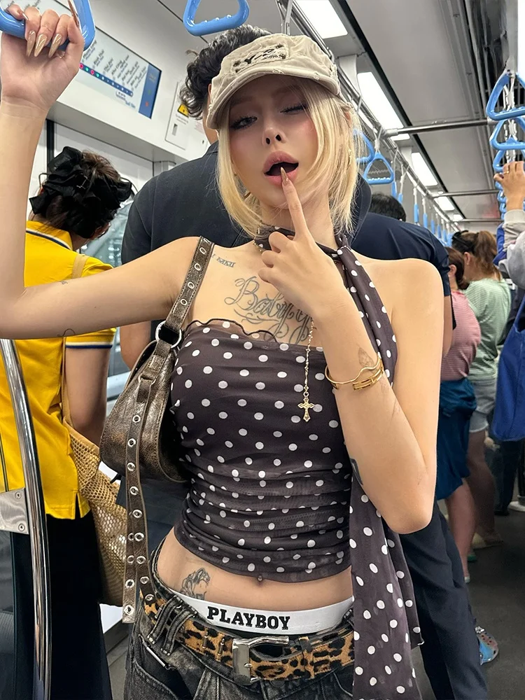 WEIRD PUSS 레트로 홍콩 스타일 폴카 도트 슬림 핏 여성용 튜브 탑 폴리에스터 스판덱스