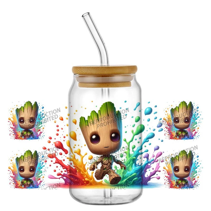 Miniso estilo colorido Groot dibujos animados UV DTF envolturas pegatina de transferencia DIY para taza de vidrio Libbey de 16oz calcomanías de transferencia de envoltura impermeable