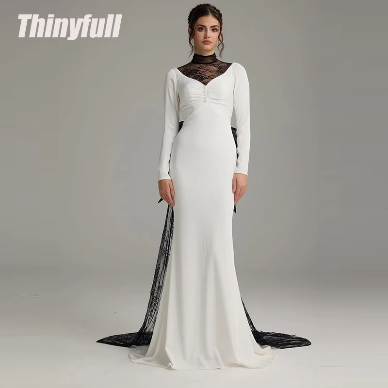

Thinyfull Mermaid Satin/Lace Arab Prom Dresses Full Sleeves High Neck Evening Gown Dubai Formal Dress robes de soirée Customized