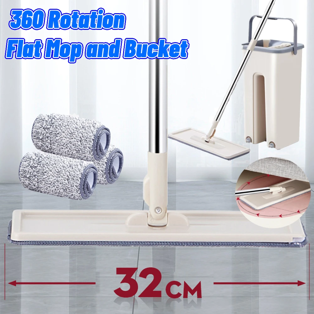 Floor Magic Flat Squeeze Mop with Bucket Hand Free Lazy Cleaning Mop Microfiber 360°  Rotating Self-Wringing Mop House Cleaning