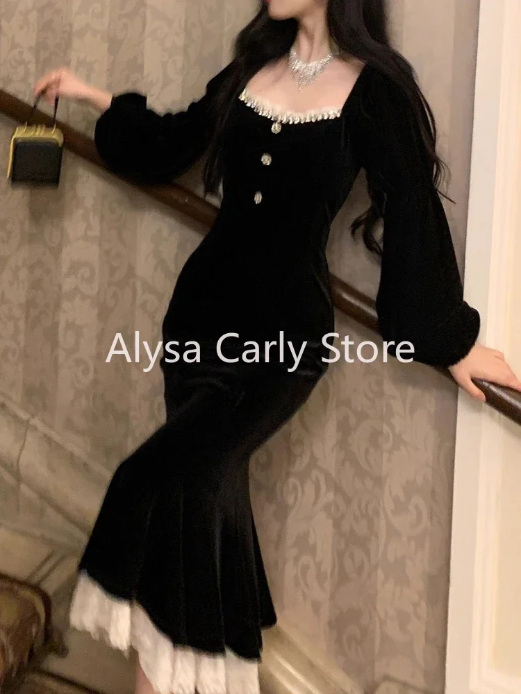 2023 Winter Black Elegant Velvet Midi Dress Women Patchwork Lace Vintage Mermaid Dress Female Casual Korean Evening Party Dress