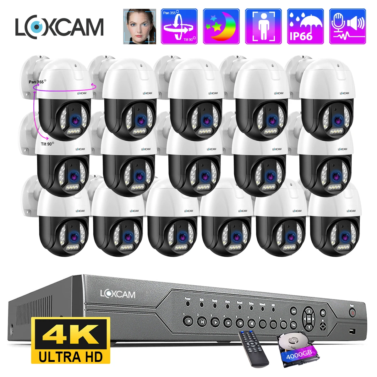 LOXCAM 4K POE Security Camera System 16CH NVR Kit 8MP Ai Face Human Detect Outdoor 4MP Two Way Audio Video Surveillance Set