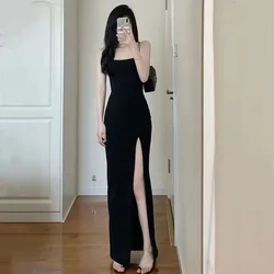 Lucyever Black Spaghetti Strap Women's Dress 2024 Summer Sexy Tight Side Split Long Dresses Female Elegant Bodycon Maxi Dress