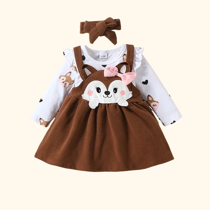 Ensemble barboteuse + robe à bretelles + nœud papillon pour bébé fille, vêtements pour nouveau-né avec imprimé renard de dessin animé, tenues pour