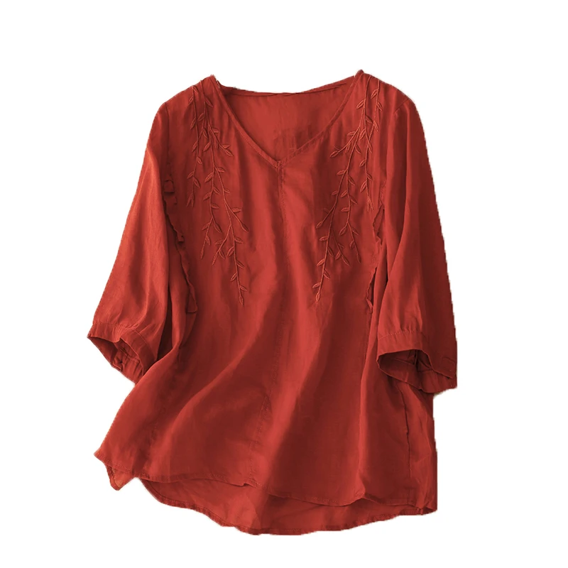 Loose Fit Cotton Linen ort Sve T-irt Women's V Ne irt Embroidered Wooden Ear Summer Thin Sle Versatile Pure Color