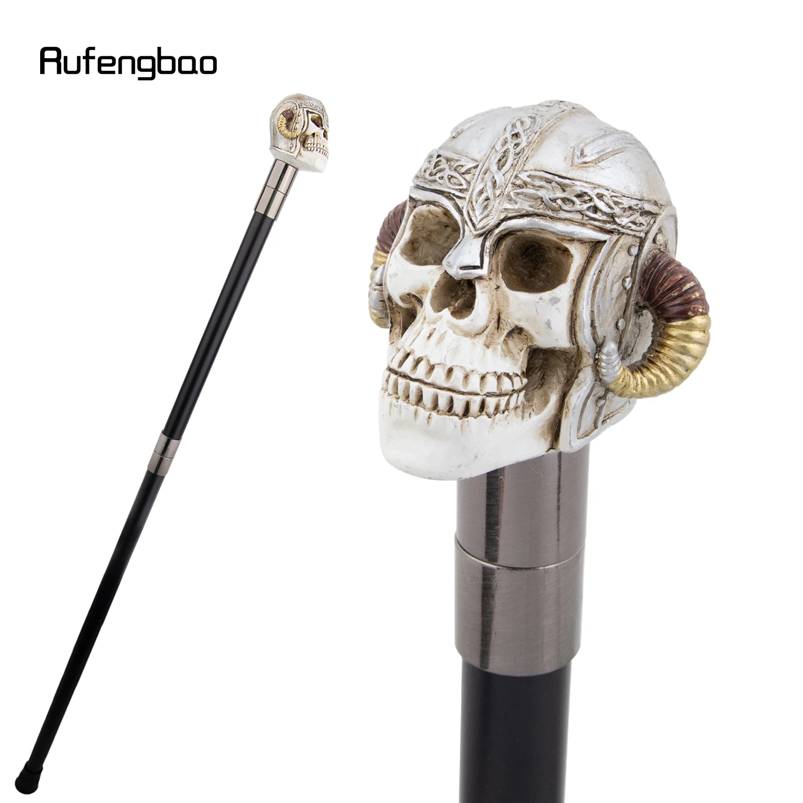 

White Resin Skull Ram's Horn Helmet Head Walking Cane Steel Stick Gentleman Performance Stage Cane 93cm Performance Stage Cane
