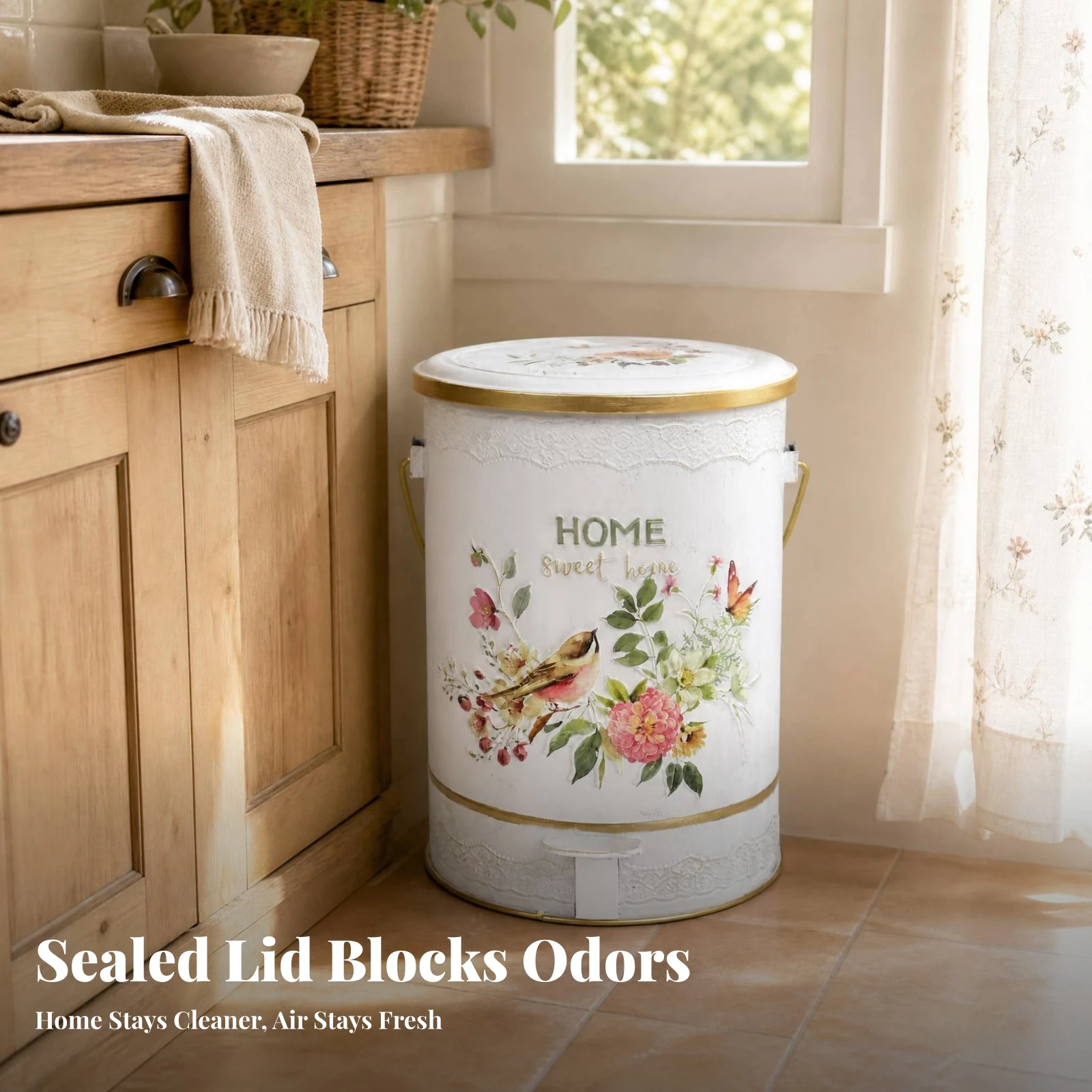 Carrying Handle Gold-Toned Accents Lidded Wastebasket Step Trash Can Pedal Trash Can Home Storage Handsunrestricted