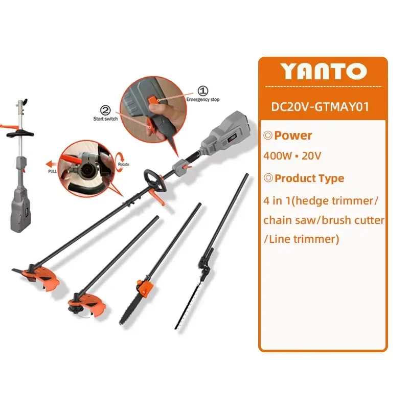

DC20V-GTMAY01 4 in 1 Cordless Multi-Functional Garden Tool System with Pole Saw Hedge Trimmer Brush Cutter 20V Lithium-Ion