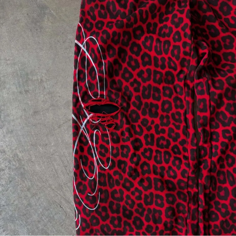 Urban Street Style luipaardprint dubbele tailleband letterprint wijde pijpen broek unisex casual comfortabele dagelijkse slijtage broek