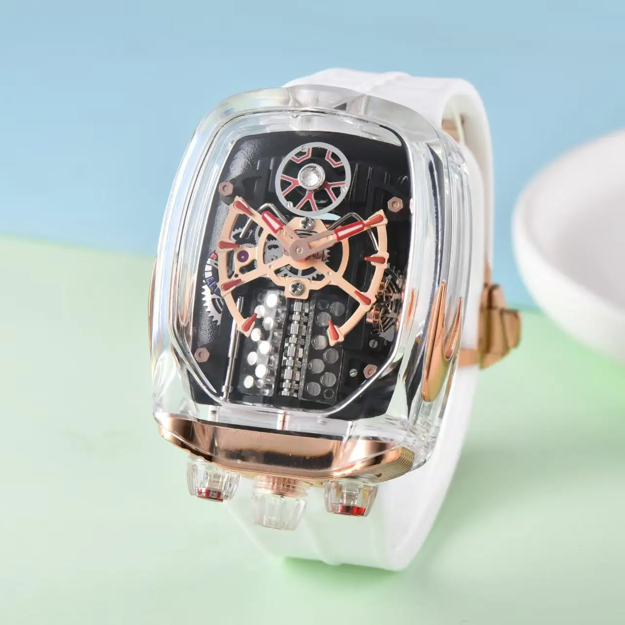 2026 new J&Co men's watch transparent waterproof men's quartz watch, unique hollow wine barrel shaped leisure watch