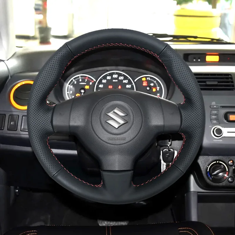 For Suzuki SX4 Alto Old Swift Opel Agila Hand-Stitched Non-Slip Black Carbon Fiber Genuine Leather Car Steering Wheel Cover