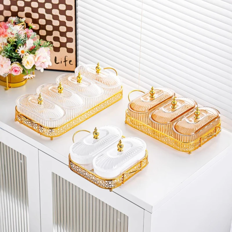 

Легкая роскошная овальная пластиковая тарелка с фруктами с разделенными решетками, герметичная коробка для хранения, блюдо для закусок для освежения