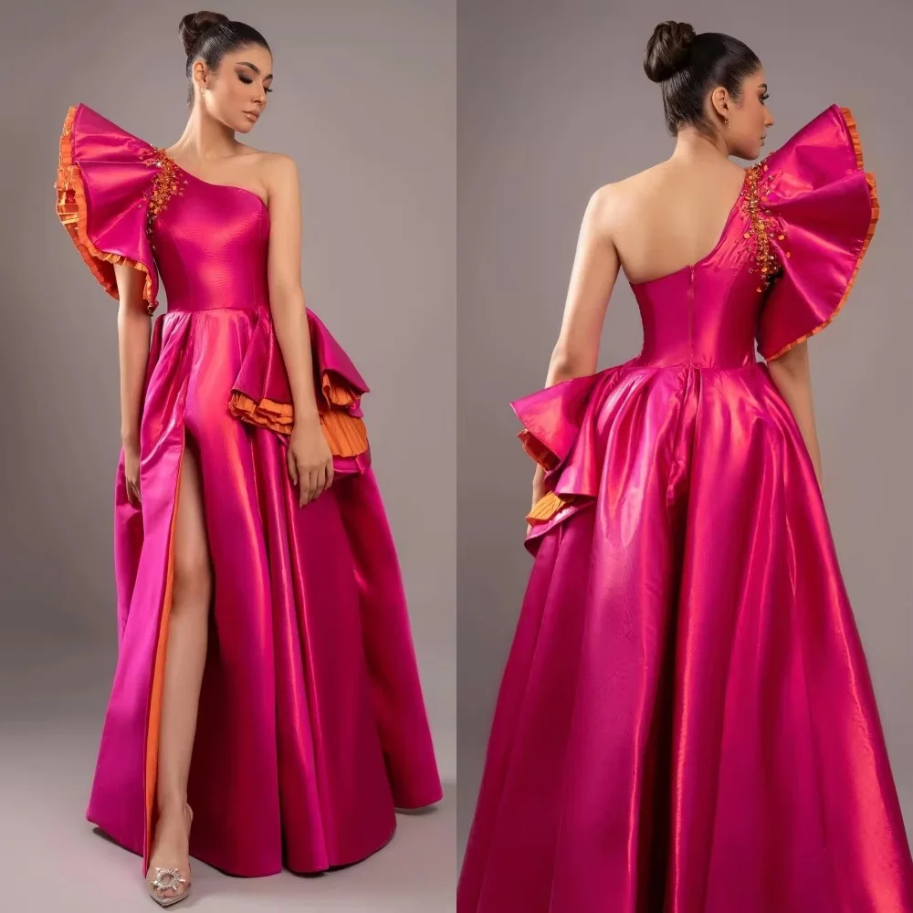 One shoulder satin long evening gown with 3D ruffle details and high slit skirt. Custom size available. Shiny fabric for formal