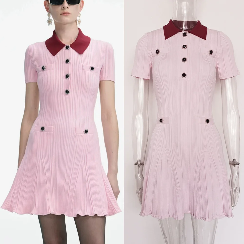 

customized pink polo collar fashionable and elegant slim fit short dress