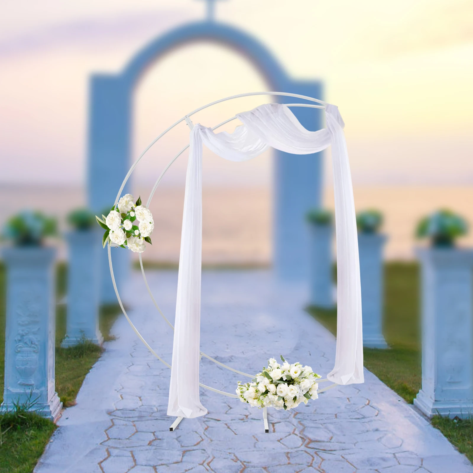 

7ft White Metal Crescent Moon Wedding Arch Stand, Curved Flower Balloon Frame