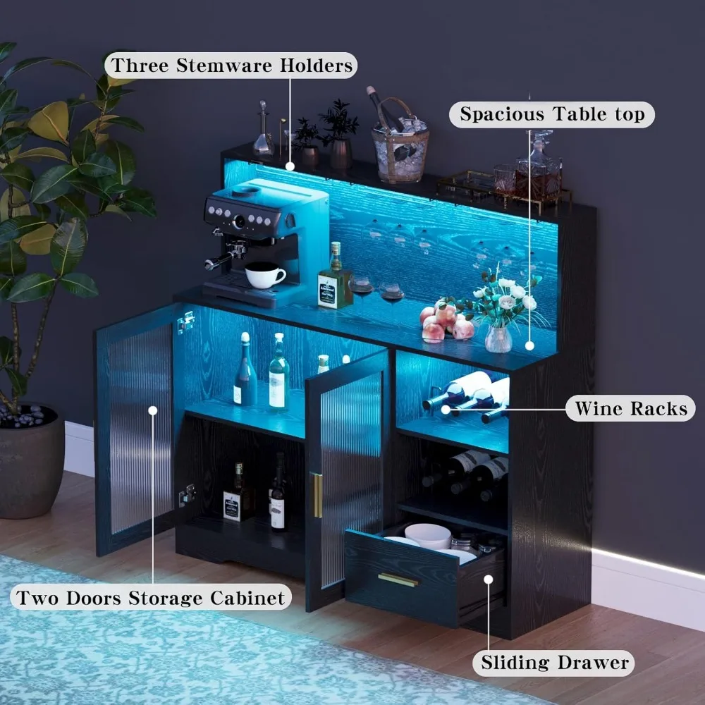Wine Bar Cabinet with LED Light,with Wine and Glass Rack, Modern Kitchen Coffee Bar Cabinet with Storage, Buffet Sideboard