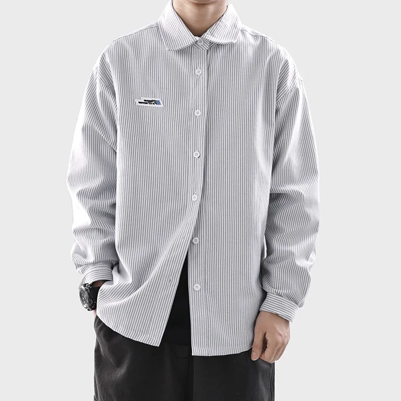 

Casual Striped Loose Long Sve Men's irt Spring Autumn Simple Turn-down Collar Workwear Japanese BF Sle Outerwear Trendy
